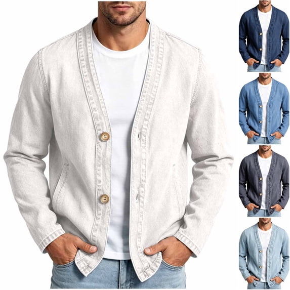 Husipze Mens Denim Jean Shirt V Neck Button Front Long Sleeve Casual Collarless Denim Jacket with Side Pockets White M