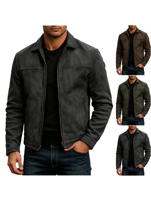 Mens Faux Suede Leather Jacket Long Sleeve Full Zip Collared Relaxed Fit Lightweight Shacket Vintage Casual Outerwear Black S