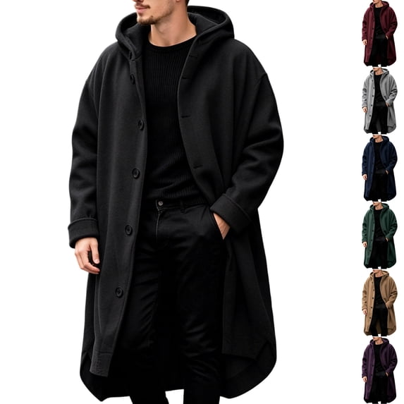 Husipze Mens Hooded Overcoat Knee Length Oversized Button Down Warm Wool Blend Winter Trench Coat Long Jacket with Pockets Black S