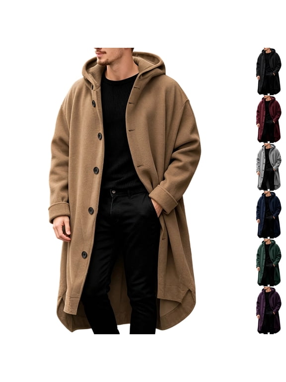 Mens Hooded Overcoat Knee Length Oversized Button Down Warm Wool Blend Winter Trench Coat Long Jacket with Pockets Khaki L