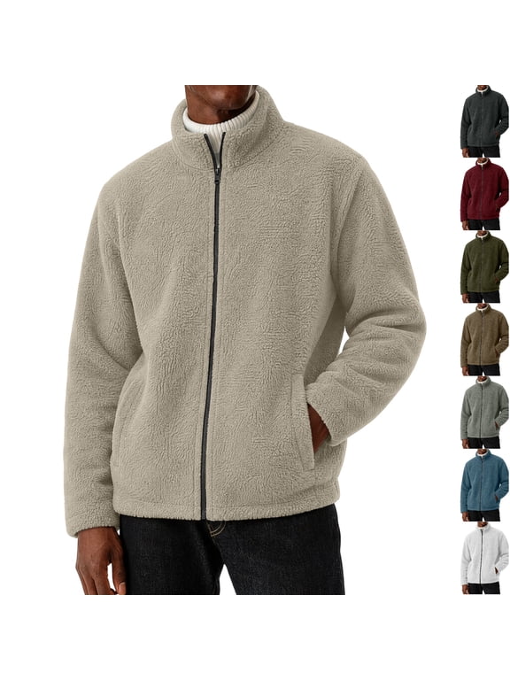 Mens Sherpa Fleece Jacket Full Zip Long Sleeve Teddy Fuzzy Cozy Winter Relaxed Fit Coat Insulated Warm Outerwear Beige L