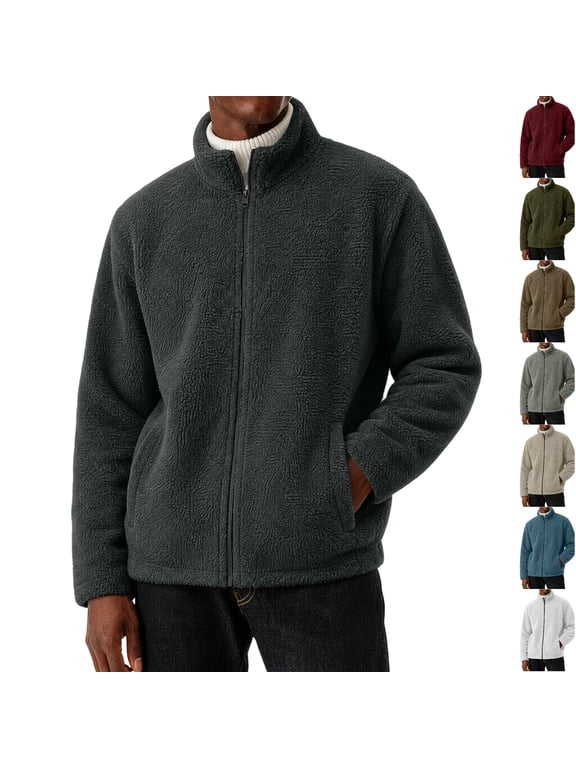 Mens Sherpa Fleece Jacket Full Zip Long Sleeve Teddy Fuzzy Cozy Winter Relaxed Fit Coat Insulated Warm Outerwear Black S