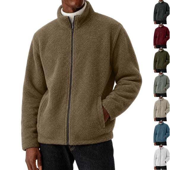Husipze Mens Sherpa Fleece Jacket Full Zip Long Sleeve Teddy Fuzzy Cozy Winter Relaxed Fit Coat Insulated Warm Outerwear Coffee M