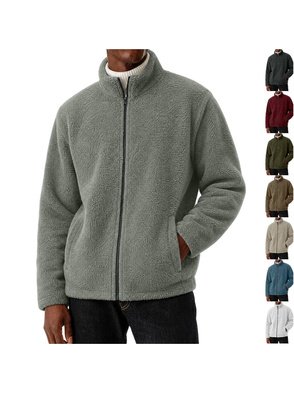 Mens Sherpa Fleece Jacket Full Zip Long Sleeve Teddy Fuzzy Cozy Winter Relaxed Fit Coat Insulated Warm Outerwear Gray 3XL