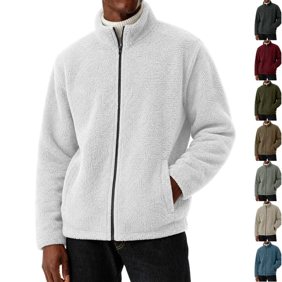Husipze Mens Sherpa Fleece Jacket Full Zip Long Sleeve Teddy Fuzzy Cozy Winter Relaxed Fit Coat Insulated Warm Outerwear White M