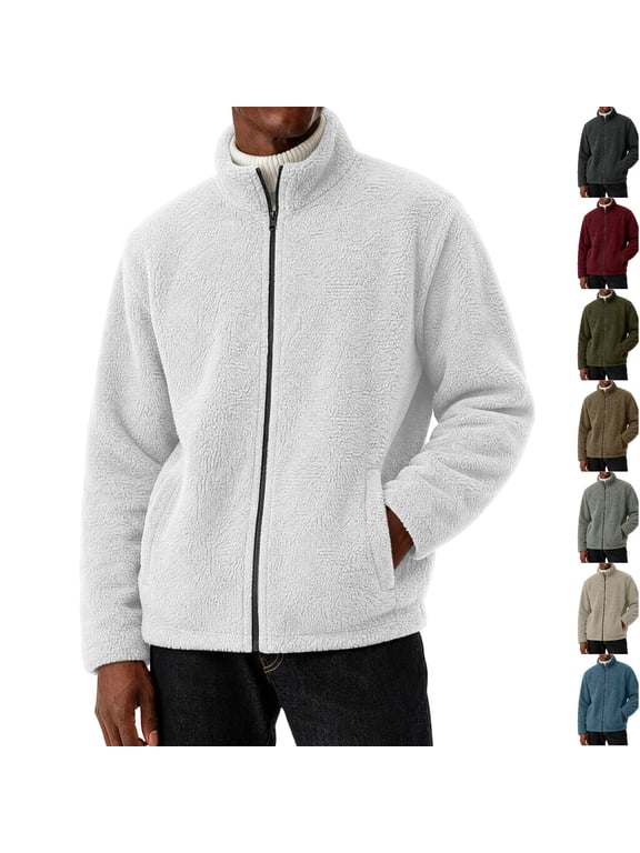 Mens Sherpa Fleece Jacket Full Zip Long Sleeve Teddy Fuzzy Cozy Winter Relaxed Fit Coat Insulated Warm Outerwear White S