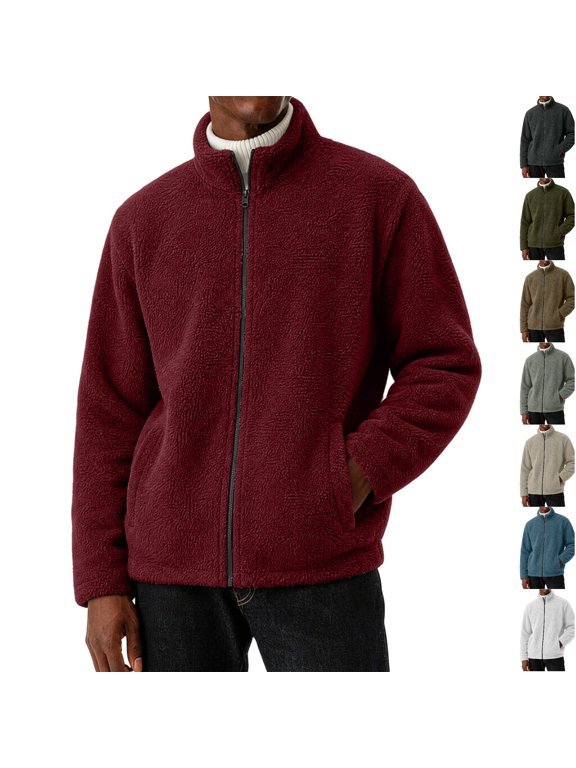 Mens Sherpa Fleece Jacket Full Zip Long Sleeve Teddy Fuzzy Cozy Winter Relaxed Fit Coat Insulated Warm Outerwear Wine S