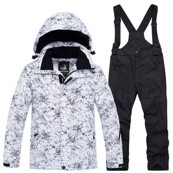 Husipze Printed Hooded Snow Jacket and Bib Pants Set for Kids Waterproof Windproof 2 Piece Snowsuit Ski Boys Girls Suit Winter Coat Overalls Black 8 Years
