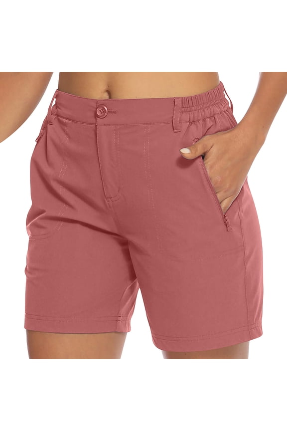 Pull On Shorts for Women Dressy Casual Summer Elastic Waist Pleated Stretch Twill Shorts with Pockets Rolled Hem Comfy Watermelon Red S
