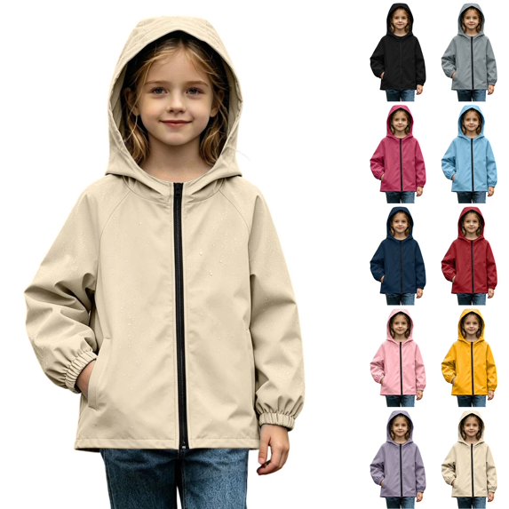 Husipze Rain Jacket for Kids Hooded Solid Full Zip Waterproof Lightweight Coat Windproof Breathable Girls Boys Outerwear Beige 15-16 Years