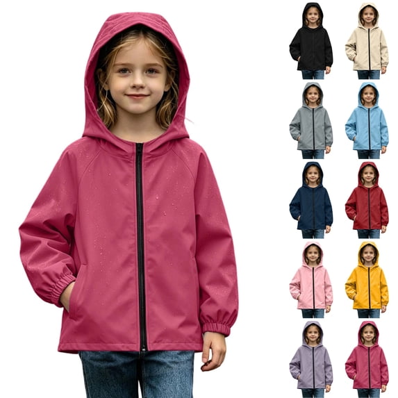 Husipze Rain Jacket for Kids Hooded Solid Full Zip Waterproof Lightweight Coat Windproof Breathable Girls Boys Outerwear Hot Pink 7-8 Years