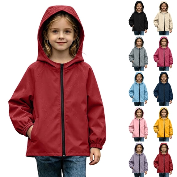 Husipze Rain Jacket for Kids Hooded Solid Full Zip Waterproof Lightweight Coat Windproof Breathable Girls Boys Outerwear Red 15-16 Years