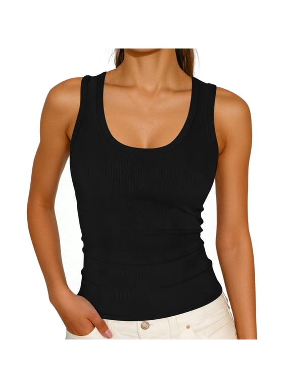 Ribbed Tank Tops for Women Summer Scoop Neck Sleeveless Casual Basic Thick Strap Fitted Tank Tops Black M