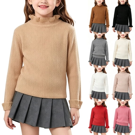 Husipze Ruffle Mock Neck Sweater for Girl Solid Long Sleeve Ribbed Knit Casual Pullover Fall Winter Warm Basic Layering Jumper Tops Beige 9-10 Years