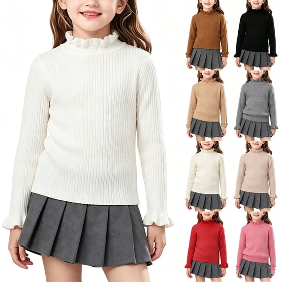 Husipze Ruffle Mock Neck Sweater for Girl Solid Long Sleeve Ribbed Knit Casual Pullover Fall Winter Warm Basic Layering Jumper Tops White 0-1 Years