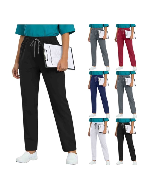 Scrub Pants for Women Straight Leg High Waisted Modern Classic Medical Trousers Elastic Waist Nursing Worker Pant Black L