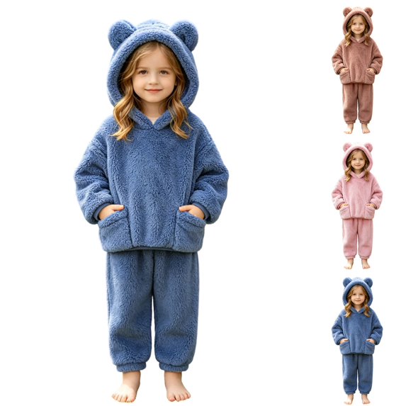 Husipze Sherpa 2 Piece Fuzzy Set for Girls Fleece Soft Cozy Hoodie with Bear Ear Tapered Elastic Waist Jogger Pants Kids Winter Loungewear Outfit Blue 2 Years