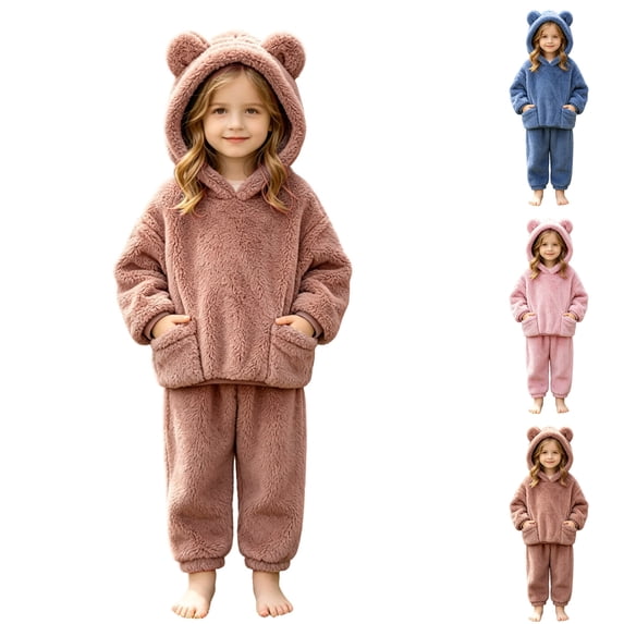 Husipze Sherpa 2 Piece Fuzzy Set for Girls Fleece Soft Cozy Hoodie with Bear Ear Tapered Elastic Waist Jogger Pants Kids Winter Loungewear Outfit Brown 4 Years