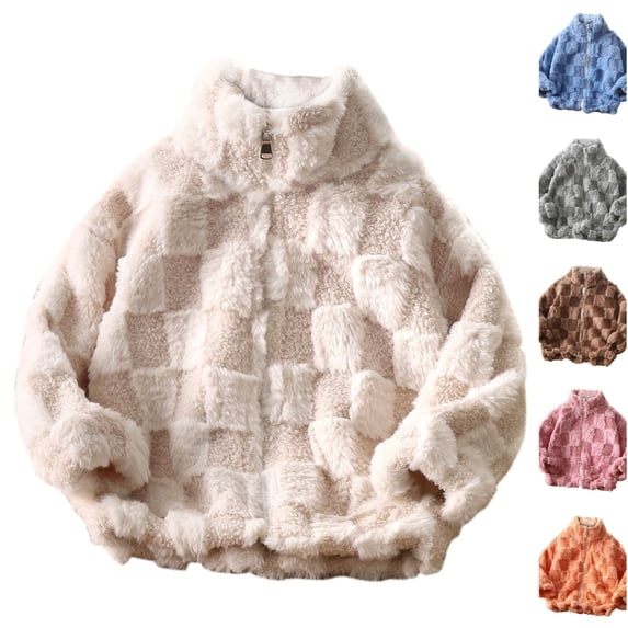 Husipze Sherpa Fleece Jacket for Kids Checkered Teddy Stand Collar Zip Up Coat Soft Cozy Warm Fall Winter Outerwear Beige 2-3 Years
