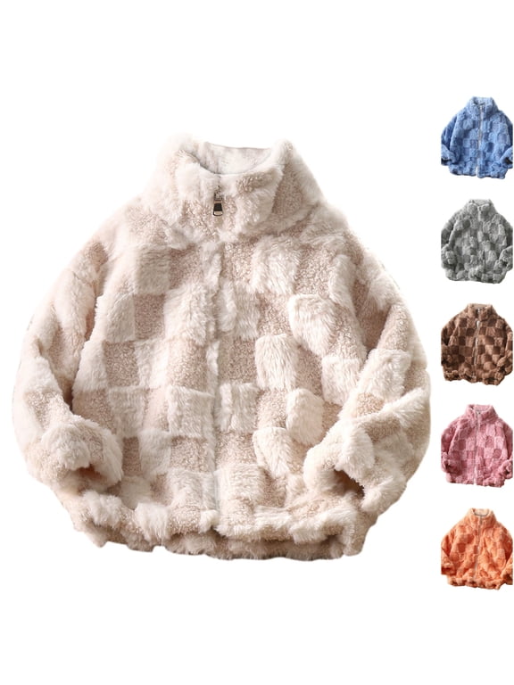 Sherpa Fleece Jacket for Kids Checkered Teddy Stand Collar Zip Up Coat Soft Cozy Warm Fall Winter Outerwear Beige 2-3 Years