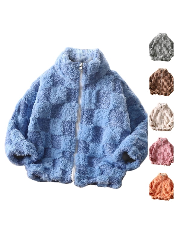Sherpa Fleece Jacket for Kids Checkered Teddy Stand Collar Zip Up Coat Soft Cozy Warm Fall Winter Outerwear Blue 4-5 Years
