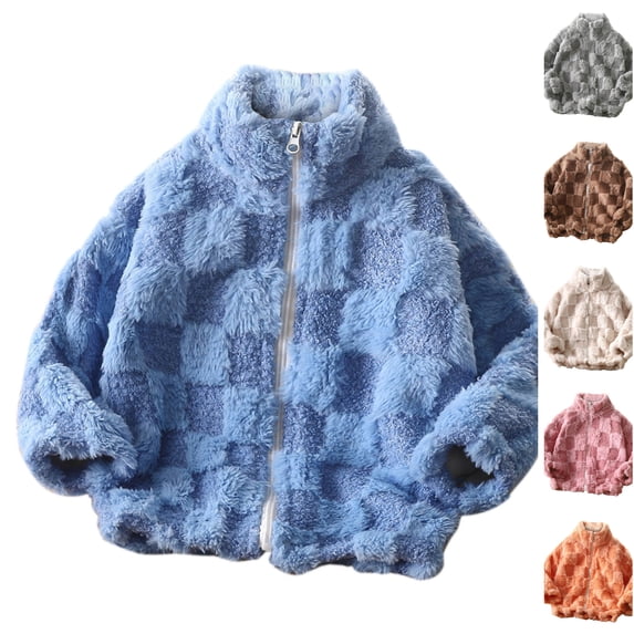 Husipze Sherpa Fleece Jacket for Kids Checkered Teddy Stand Collar Zip Up Coat Soft Cozy Warm Fall Winter Outerwear Blue 7-9 Years