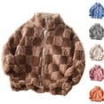 thumbnail image 1 of Husipze Sherpa Fleece Jacket for Kids Checkered Teddy Stand Collar Zip Up Coat Soft Cozy Warm Fall Winter Outerwear Coffee 5-7 Years, 1 of 7