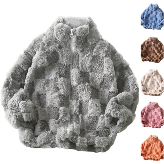 Husipze Sherpa Fleece Jacket for Kids Checkered Teddy Stand Collar Zip Up Coat Soft Cozy Warm Fall Winter Outerwear Gray 7-9 Years