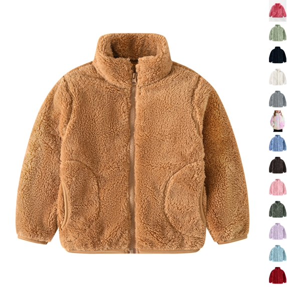 Husipze Sherpa Fleece Jacket for Kids Solid Stand Collar Full Zip Up Fuzzy Coat Cozy Warm Outerwear with Pockets for Fall Winter Coffee 6 Years