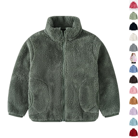 Husipze Sherpa Fleece Jacket for Kids Solid Stand Collar Full Zip Up Fuzzy Coat Cozy Warm Outerwear with Pockets for Fall Winter Green 6 Years