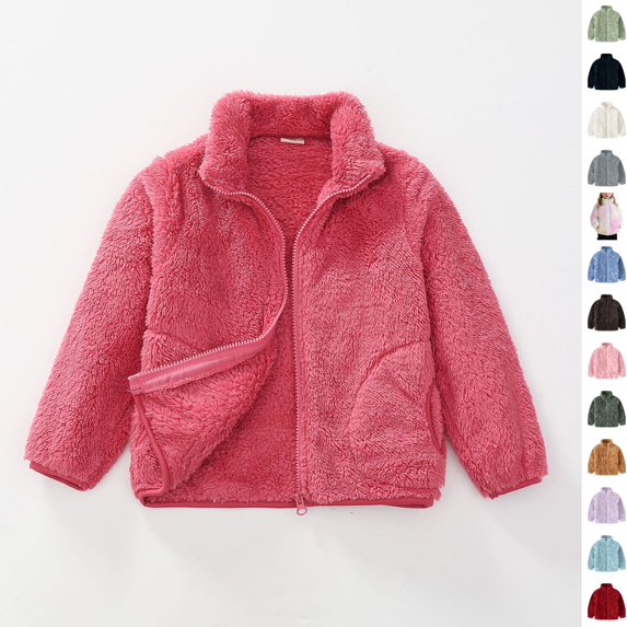 Husipze Sherpa Fleece Jacket for Kids Solid Stand Collar Full Zip Up Fuzzy Coat Cozy Warm Outerwear with Pockets for Fall Winter Hot Pink 10 Years