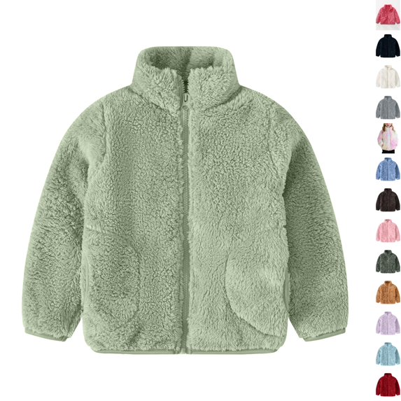Husipze Sherpa Fleece Jacket for Kids Solid Stand Collar Full Zip Up Fuzzy Coat Cozy Warm Outerwear with Pockets for Fall Winter Light Green 1 Years