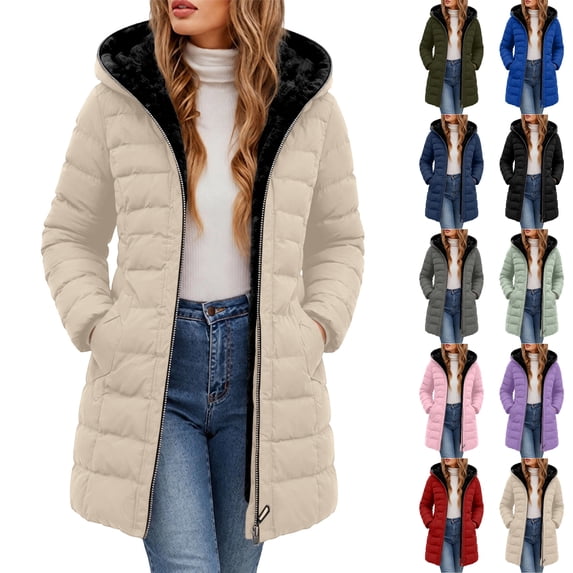 Husipze Sherpa Fleece Lined Hooded Puffer Winter Coat for Women Mid Length Quilted Full Zip Jacket Casual Insulated Warm Outerwear Beige 3XL