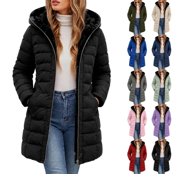 Husipze Sherpa Fleece Lined Hooded Puffer Winter Coat for Women Mid Length Quilted Full Zip Jacket Casual Insulated Warm Outerwear Black 3XL