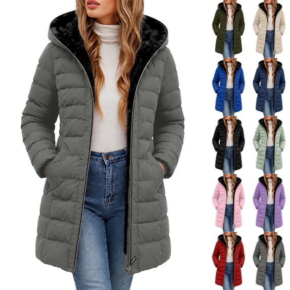 Husipze Sherpa Fleece Lined Hooded Puffer Winter Coat for Women Mid Length Quilted Full Zip Jacket Casual Insulated Warm Outerwear Gray S