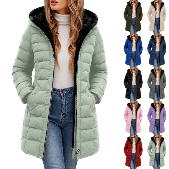 Husipze Sherpa Fleece Lined Hooded Puffer Winter Coat for Women Mid Length Quilted Full Zip Jacket Casual Insulated Warm Outerwear Mint Green XL