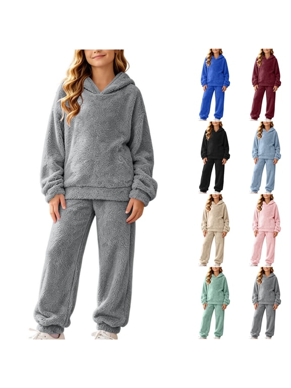 Sherpa Fleece Two Piece Lounge Set Soft Fuzzy Outfit for Girl Tapered Pants Elastic Waist Jogger Pants Cozy Pullover Hoodies Loungewear Gray 11-12 year