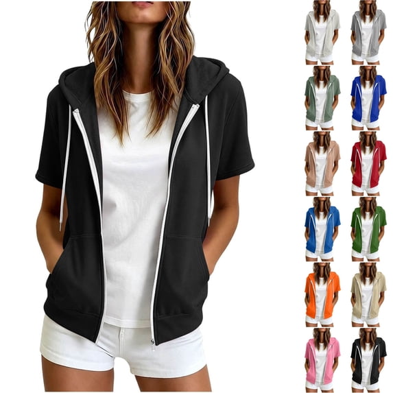 Husipze Short Sleeve Hoodies for Women Zip Up Casual Fashion Sports Drawstring Sweatshirt Jacket with Pocket Black S