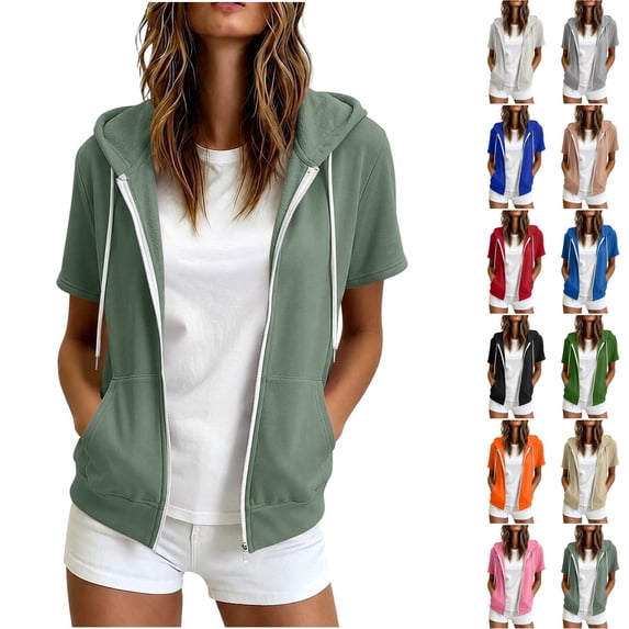 Husipze Short Sleeve Hoodies for Women Zip Up Casual Fashion Sports Drawstring Sweatshirt Jacket with Pocket Light Green S