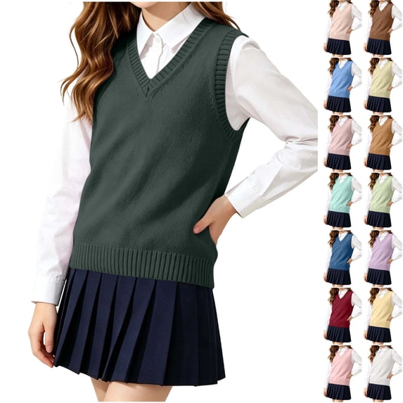Husipze Sleeveless Sweater Vest for Girl Knit School Uniform Pullover Lightweight Breathable Preppy Layering Top Army Green 16-17 Years