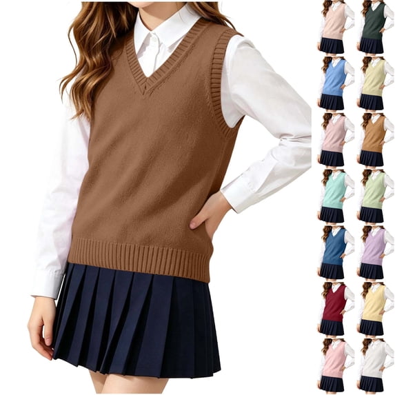 Husipze Sleeveless Sweater Vest for Girl Knit School Uniform Pullover Lightweight Breathable Preppy Layering Top Brown 14-15 Years
