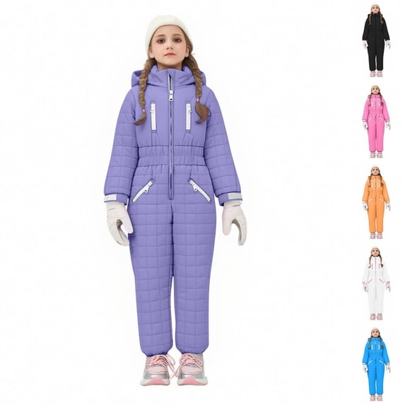 Husipze Snow Suit for Kids Toddler Jumpsuit Boys Girls Insulated Snowsuit Solid One Piece Ski Suit Snowproof Hooded Winter Overalls Purple 7 Years