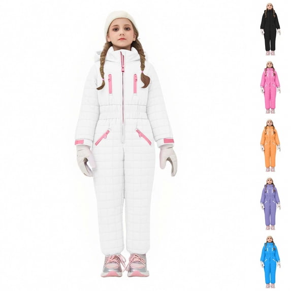 Husipze Snow Suit for Kids Toddler Jumpsuit Boys Girls Insulated Snowsuit Solid One Piece Ski Suit Snowproof Hooded Winter Overalls White 5 Years