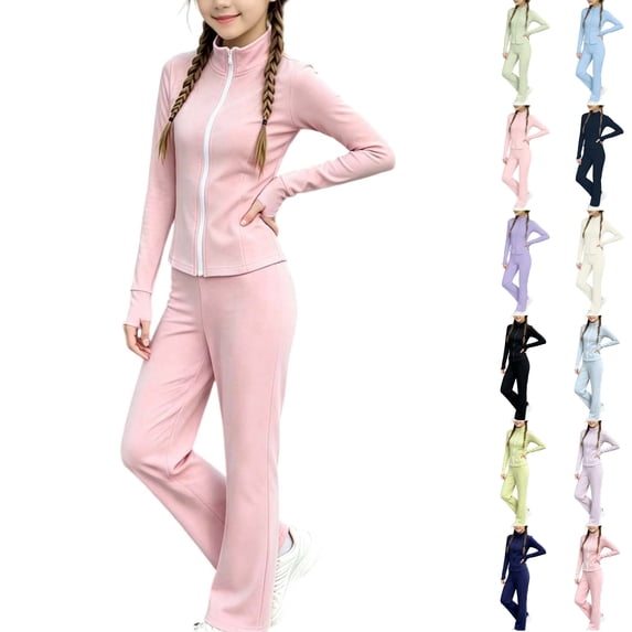 Husipze Sports Two Piece Yoga Set Girls Straight Leg Elastic Waist Flare Soft Pants and Stretchy Athletic Zipper Jacket Sweatsuit for Kids Pink 5-6 Years