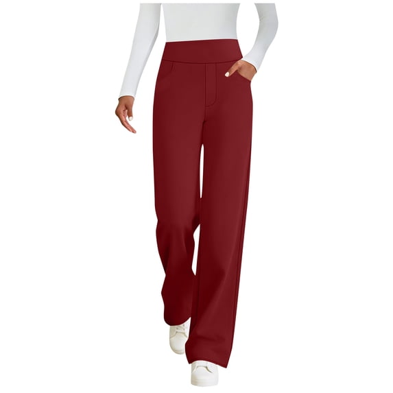 Husipze Straight Leg Leggings for Women Yoga Pants with Pockets High Waisted Wide Leg Pants Stretch Loose Casual Lounge Sweatpants Wine XXL
