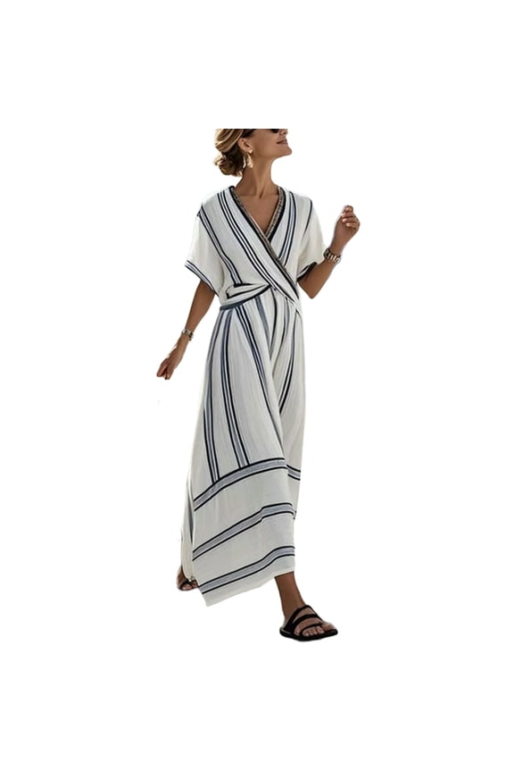 Striped Maxi Dress for Women V Neck Wrap Short Sleeve Sundress Flowy Casual Summer Beach Boho Dress Light Blue XXL