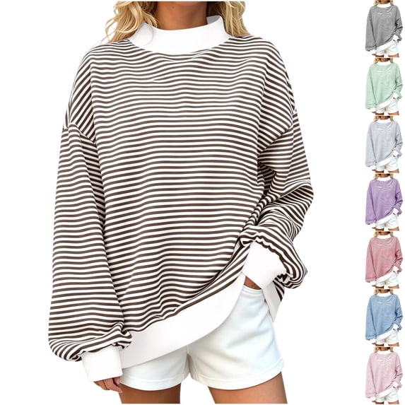 Husipze Striped Mock Neck Sweatshirt for Women Long Sleeve Loose Oversized Fit Casual Pullover Sweatshirt Brown L