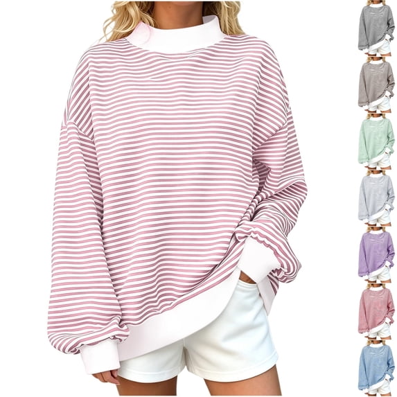 Husipze Striped Mock Neck Sweatshirt for Women Long Sleeve Loose Oversized Fit Casual Pullover Sweatshirt Pink XL