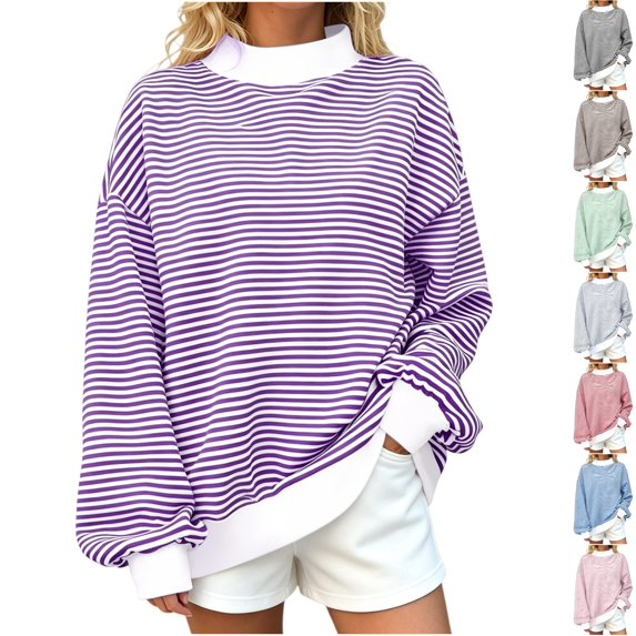 Husipze Striped Mock Neck Sweatshirt for Women Long Sleeve Loose Oversized Fit Casual Pullover Sweatshirt Purple S