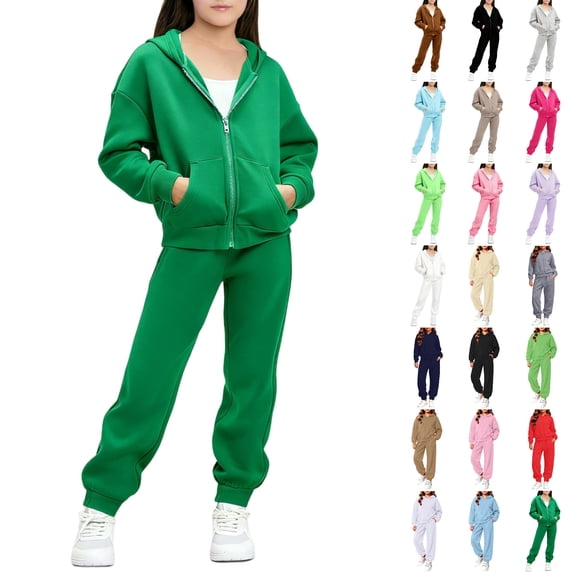 Husipze Sweat Suit Set 2 Piece Zip up Hooded Sweatshirt and Tapered Jogger Sweatpants with Pockets Soft Fleece Tracksuit Green 5-6 Years